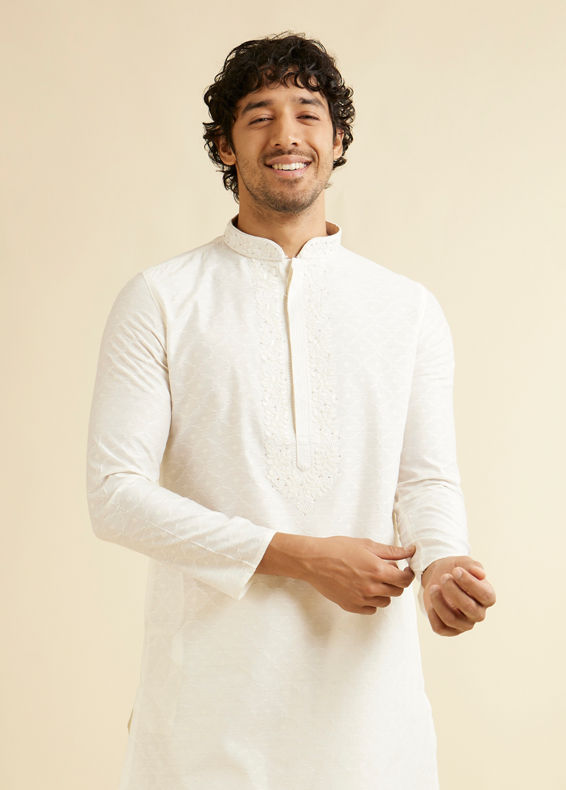 Manyavar Men Warm White Self Textured Kurta Set with Embroidered Neckline