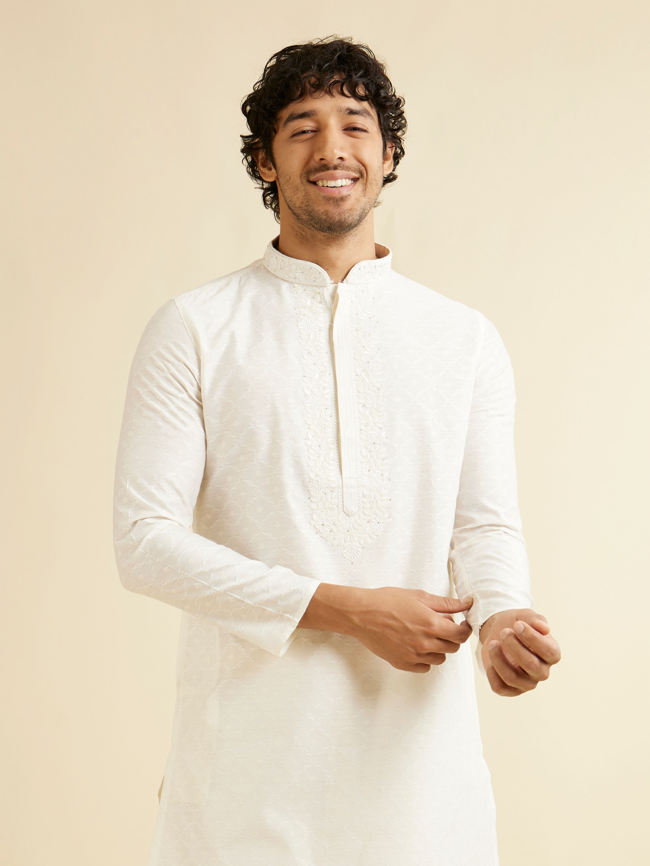 Manyavar Men Warm White Self Textured Kurta Set with Embroidered Neckline