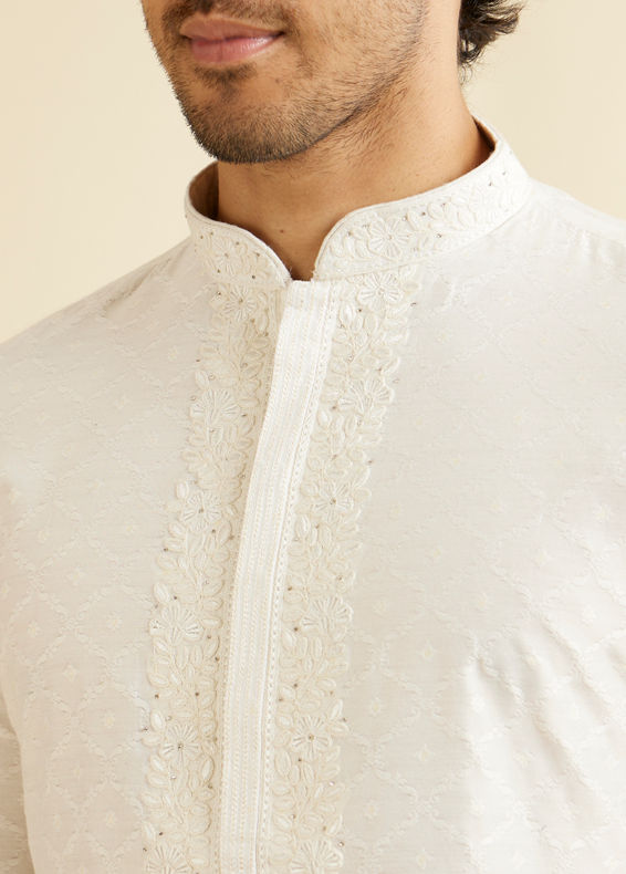 Manyavar Men Warm White Self Textured Kurta Set with Embroidered Neckline