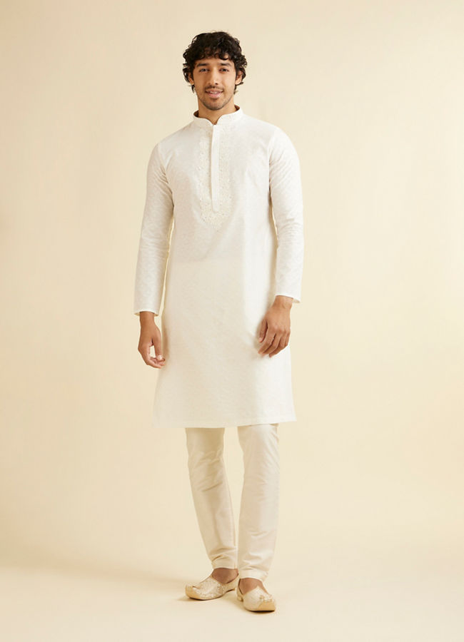 Manyavar Men Warm White Self Textured Kurta Set with Embroidered Neckline