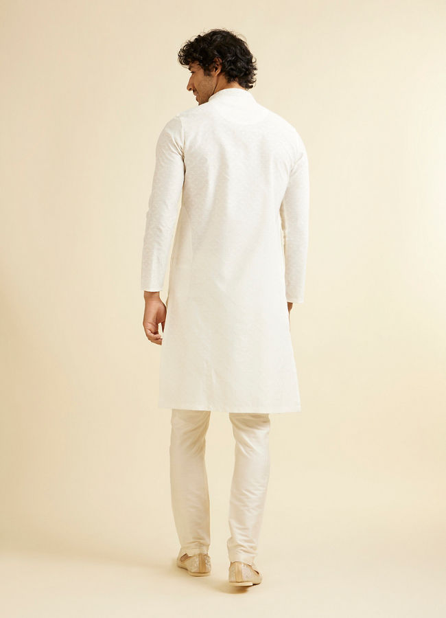 Manyavar Men Warm White Self Textured Kurta Set with Embroidered Neckline