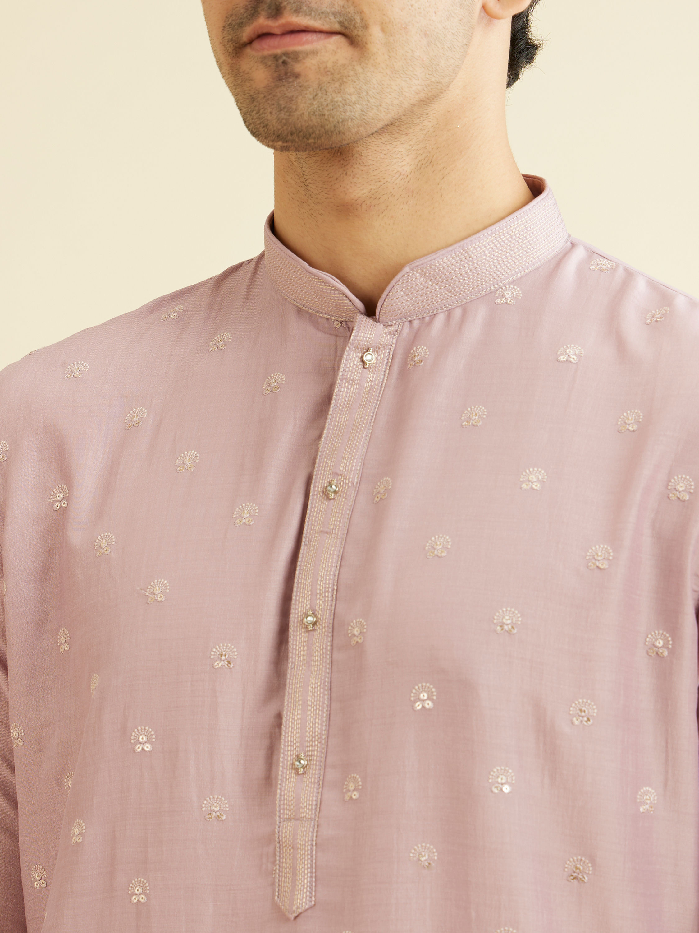 Manyavar Men Dusty Pink Buta Patterned Kurta Set with Patra Work