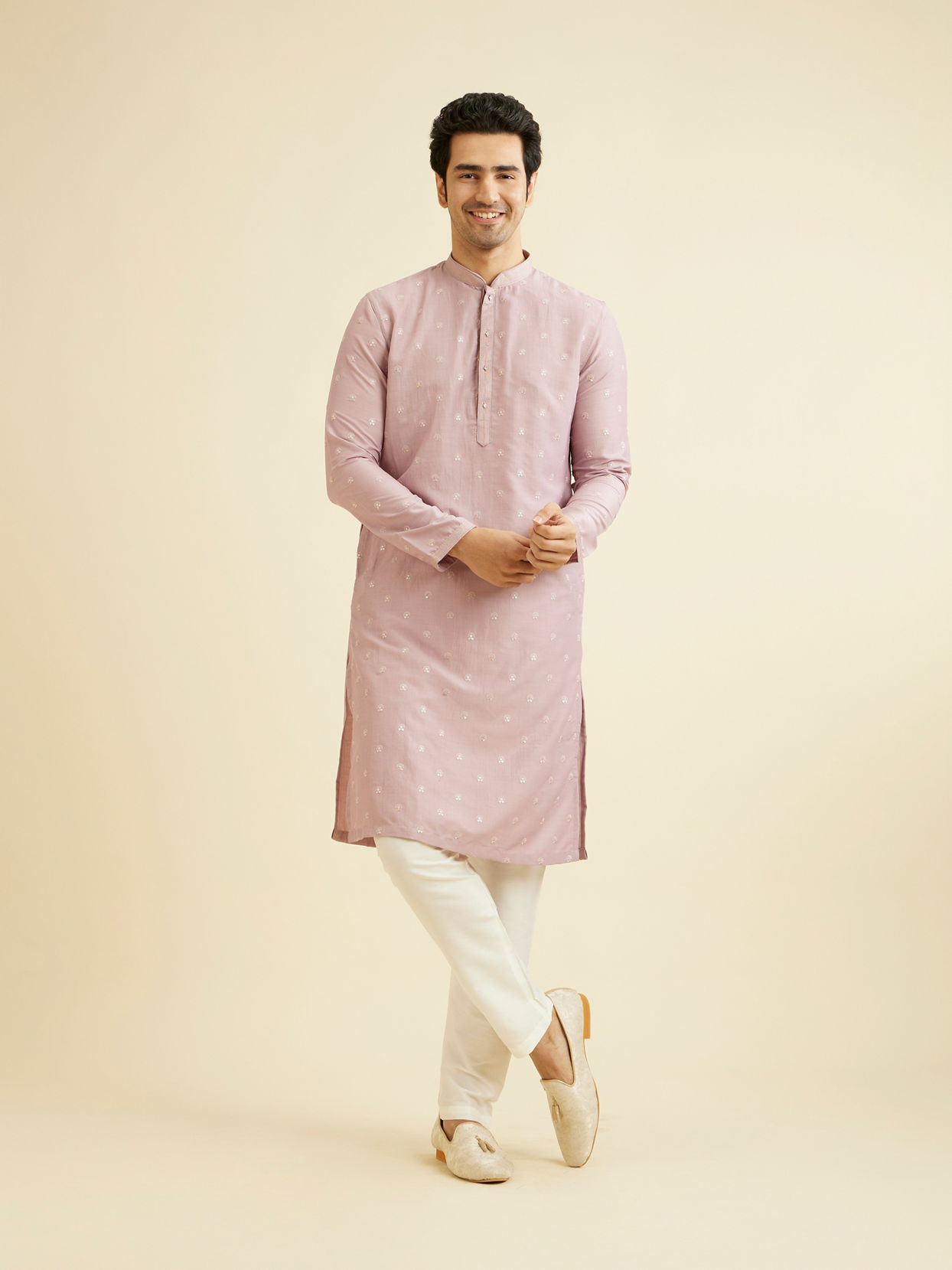 Manyavar Men Dusty Pink Buta Patterned Kurta Set with Patra Work