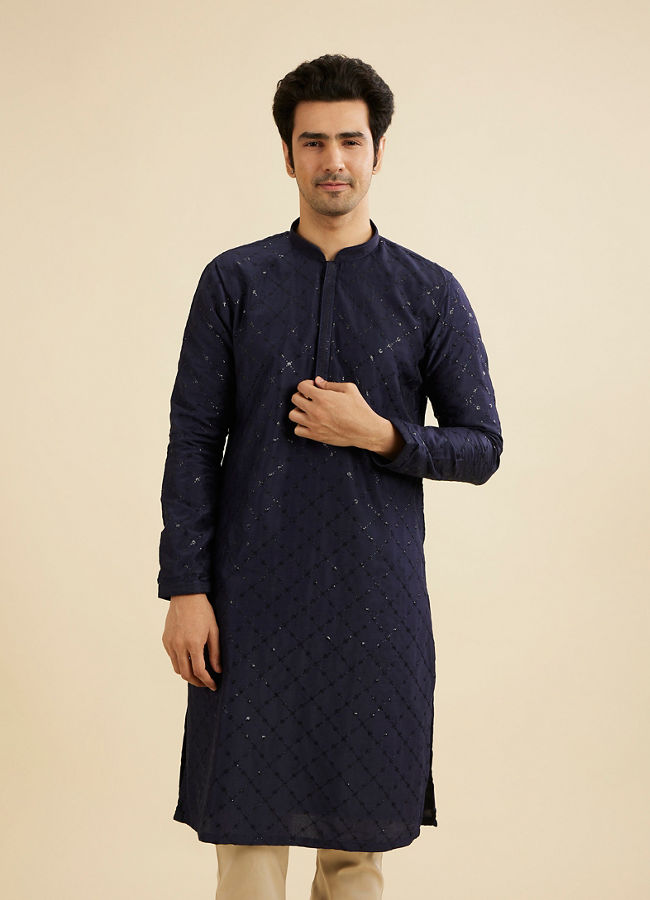 Manyavar Men Navy Blue Jaal Sequinned Kurta Set