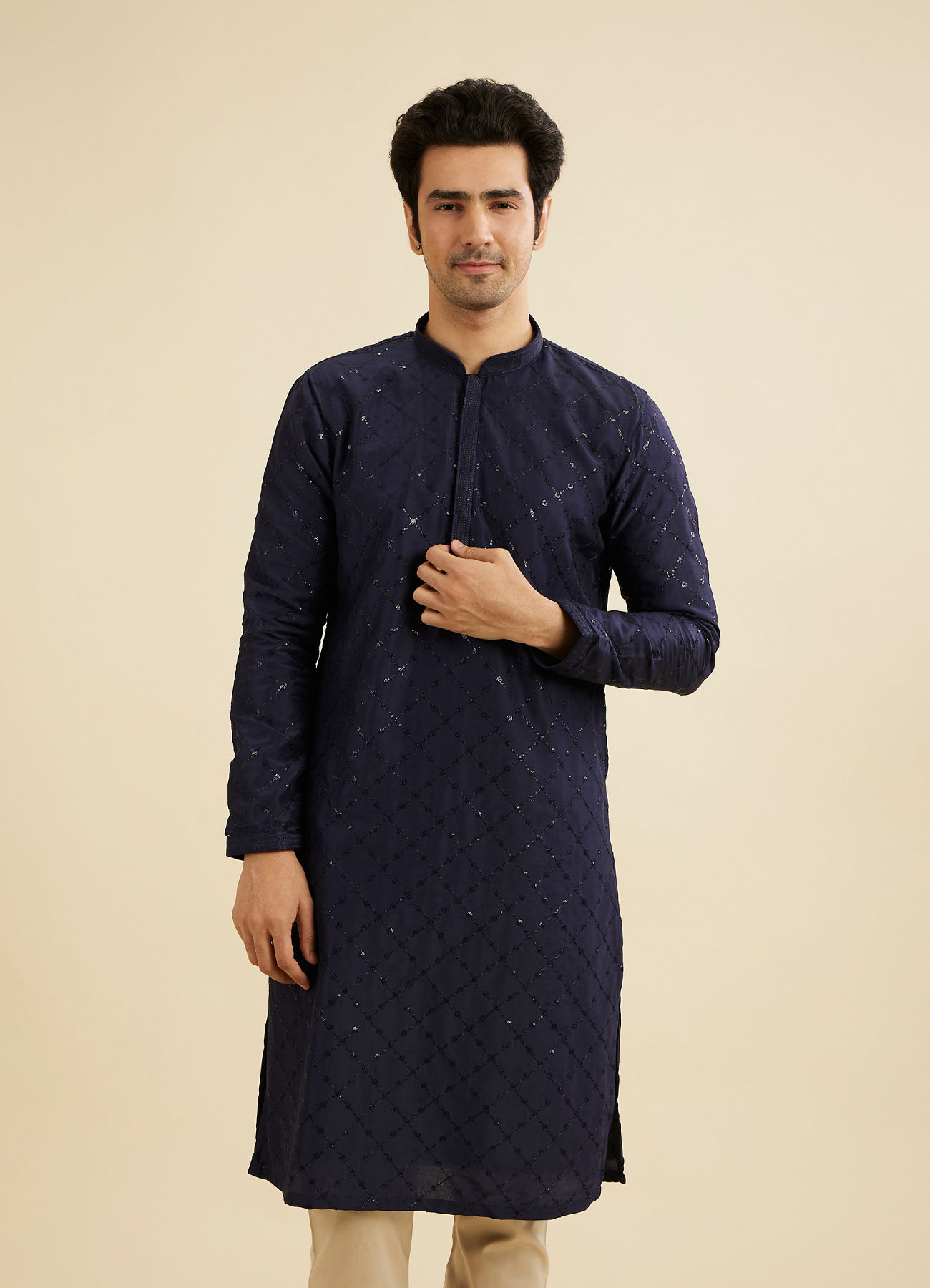 Manyavar Men Navy Blue Jaal Sequinned Kurta Set