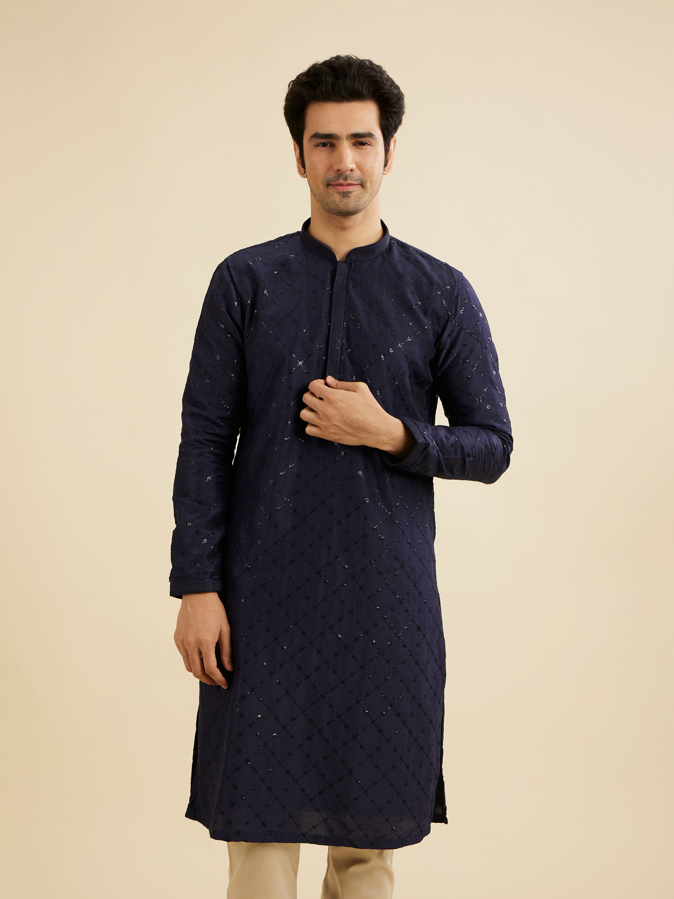 Manyavar Men Navy Blue Jaal Sequinned Kurta Set