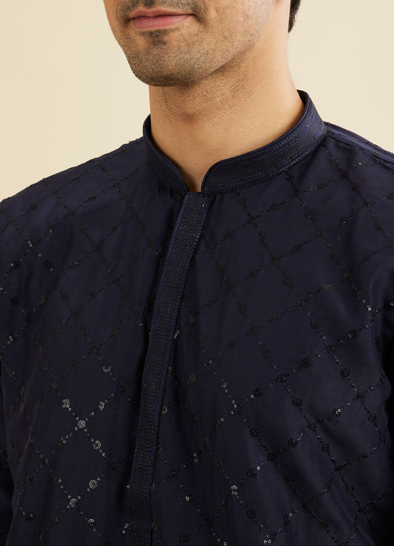 Manyavar Men Navy Blue Jaal Sequinned Kurta Set