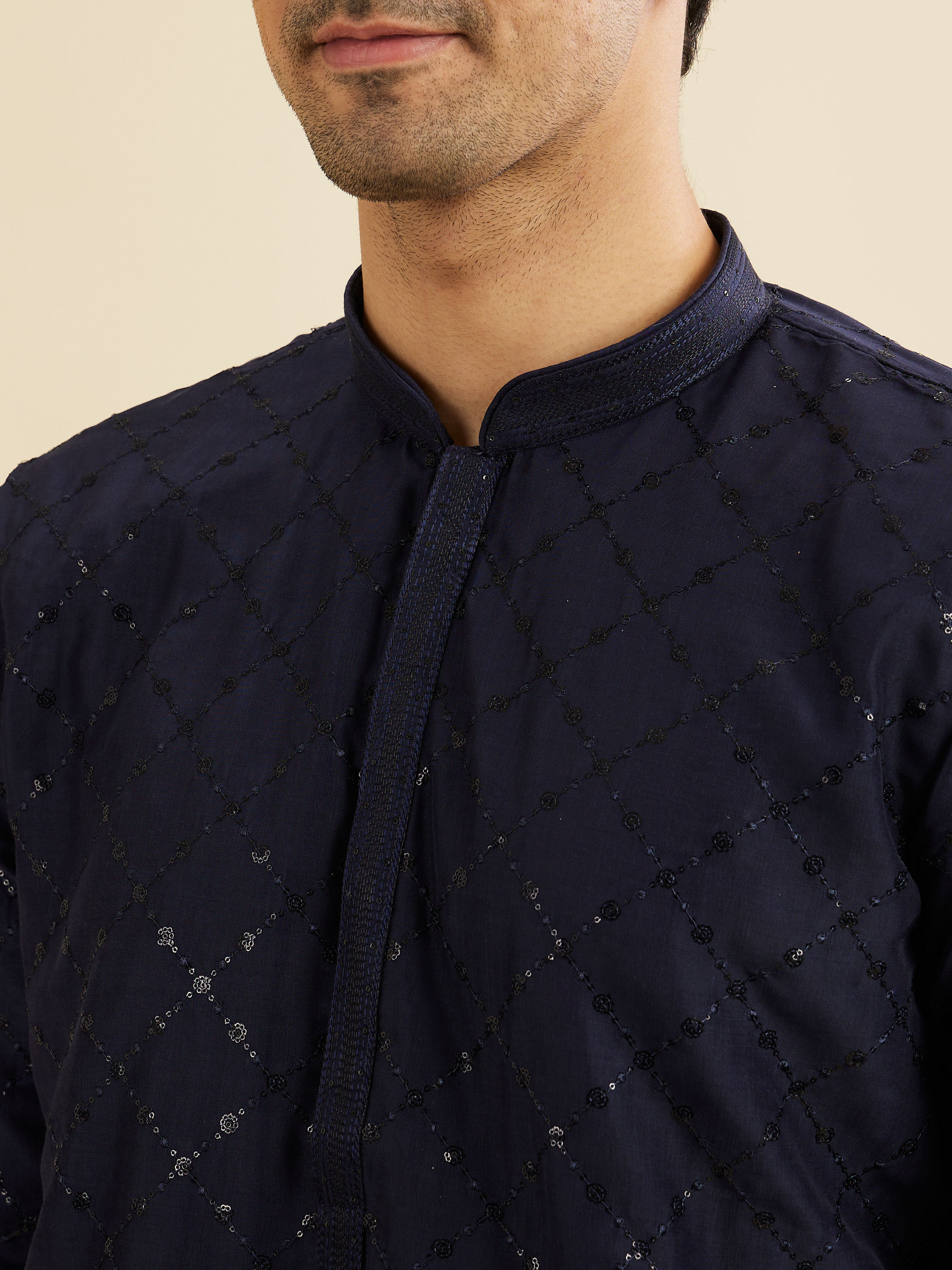 Manyavar Men Navy Blue Jaal Sequinned Kurta Set