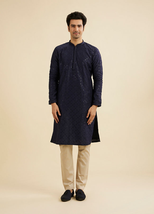 Manyavar Men Navy Blue Jaal Sequinned Kurta Set