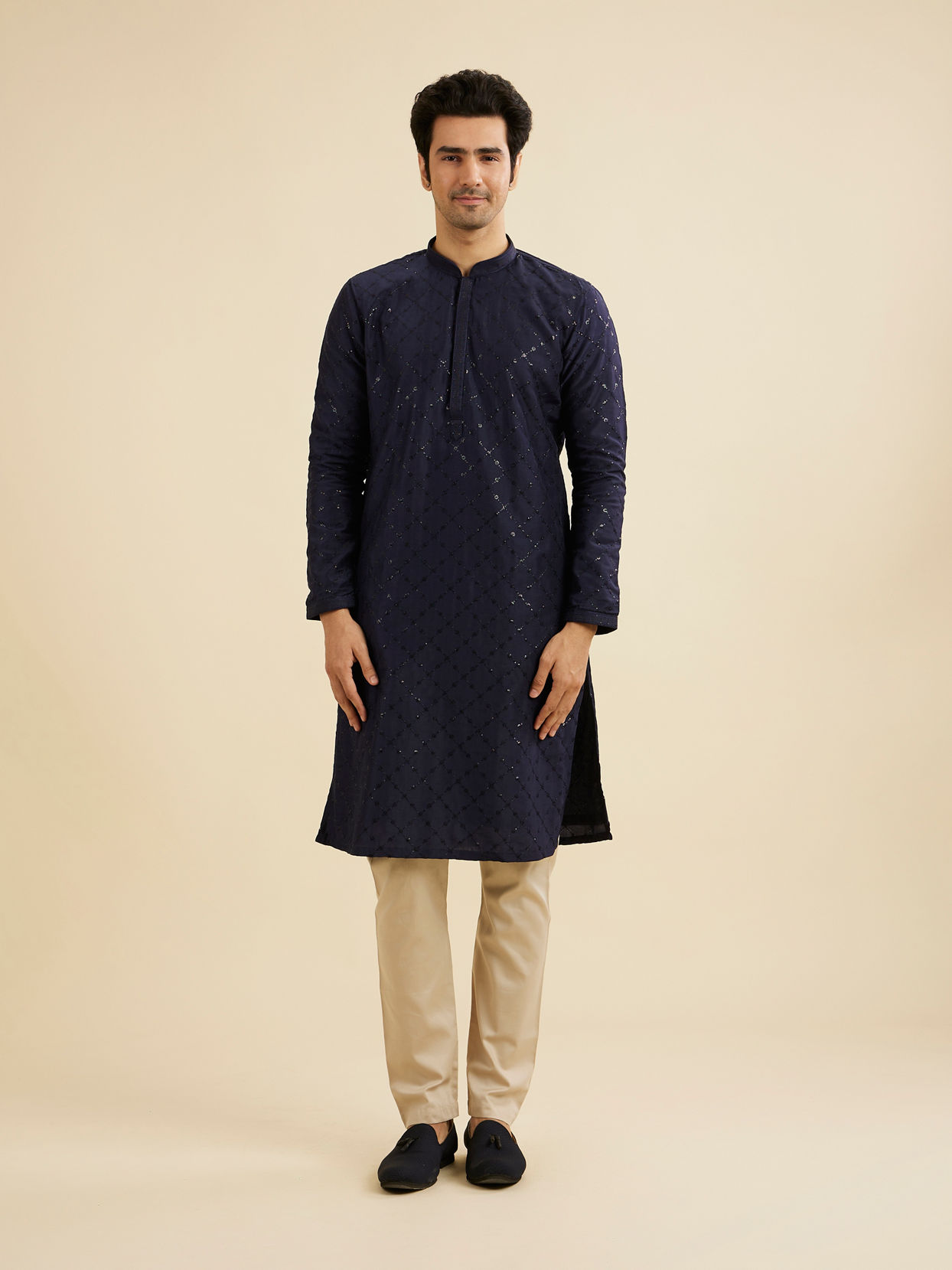 Manyavar Men Navy Blue Jaal Sequinned Kurta Set