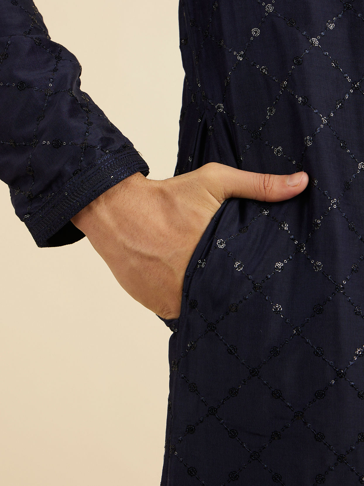 Manyavar Men Navy Blue Jaal Sequinned Kurta Set