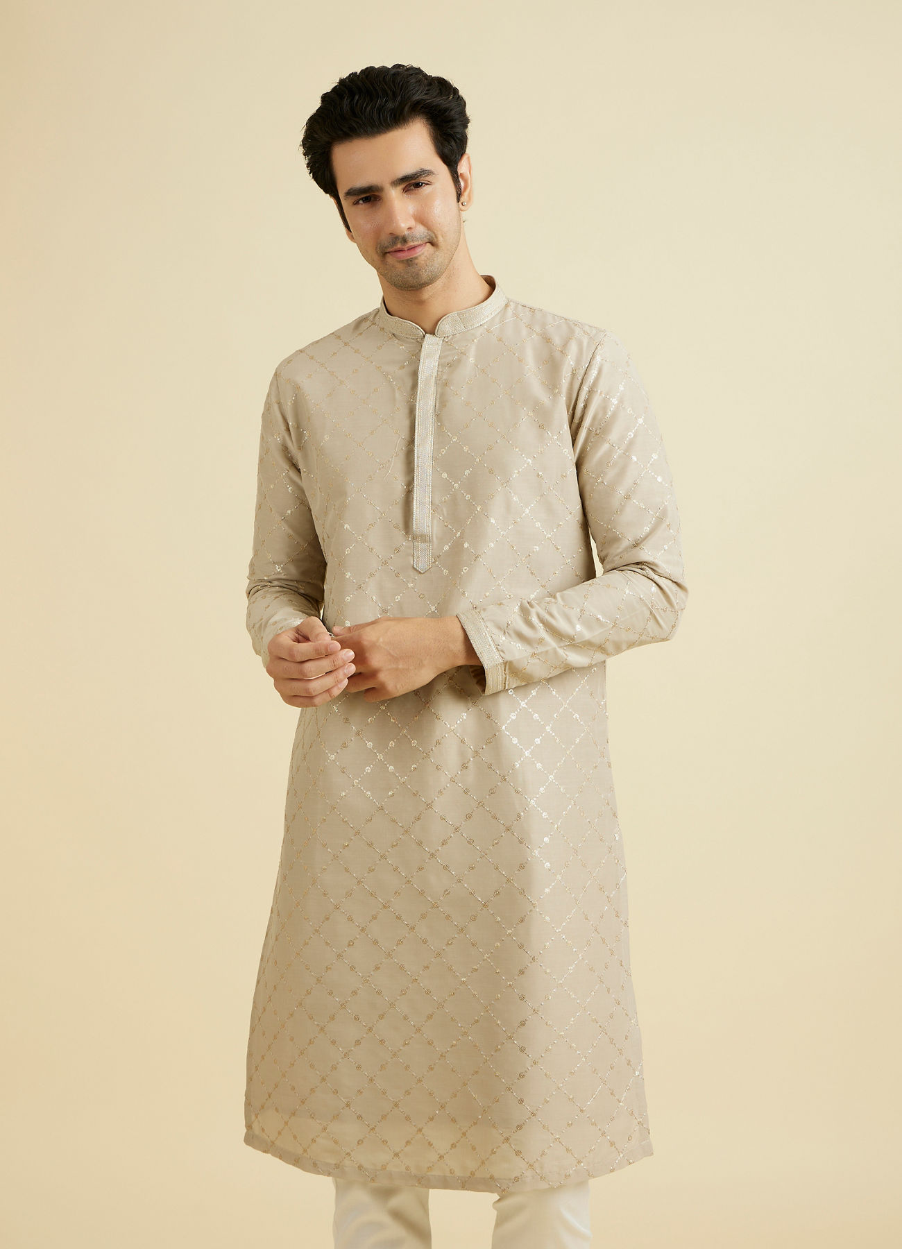 Manyavar Men Sleek Light Grey Elegance Kurta Pajama