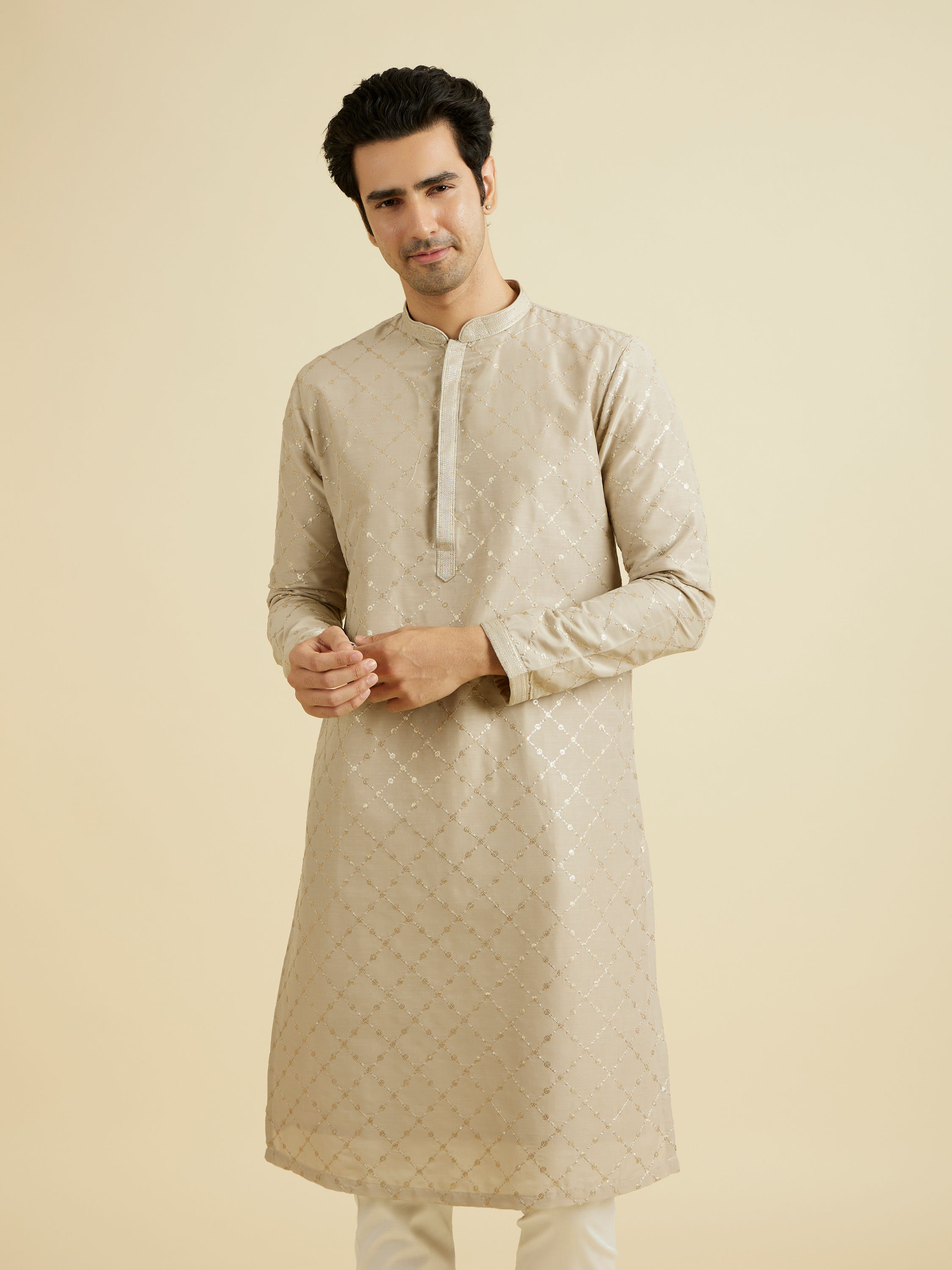 Manyavar Men Sleek Light Grey Elegance Kurta Pajama