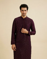 Manyavar Men Wine Red Jaal Sequinned Kurta Set