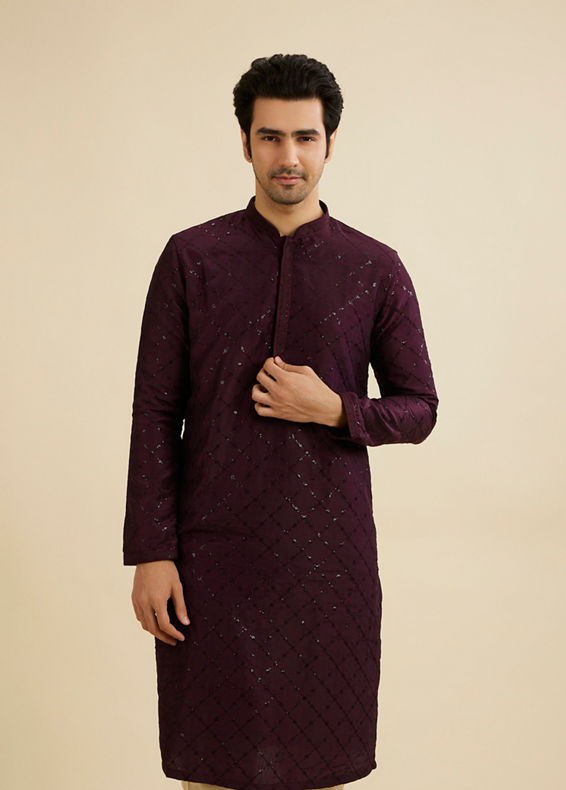 Manyavar Men Wine Red Jaal Sequinned Kurta Set