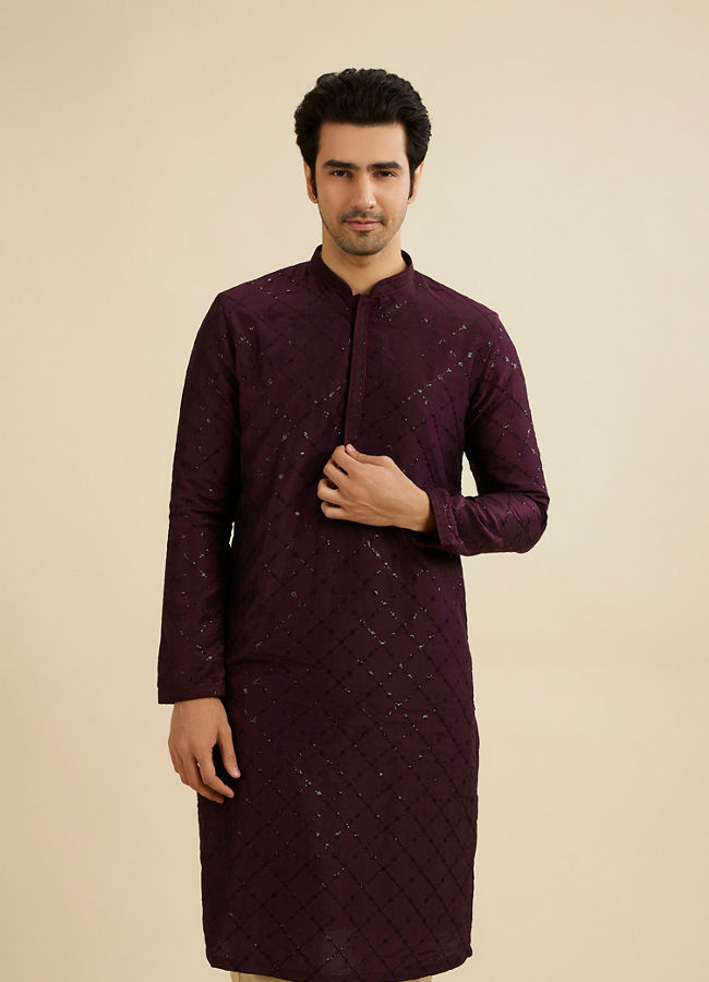 Manyavar Men Wine Red Jaal Sequinned Kurta Set