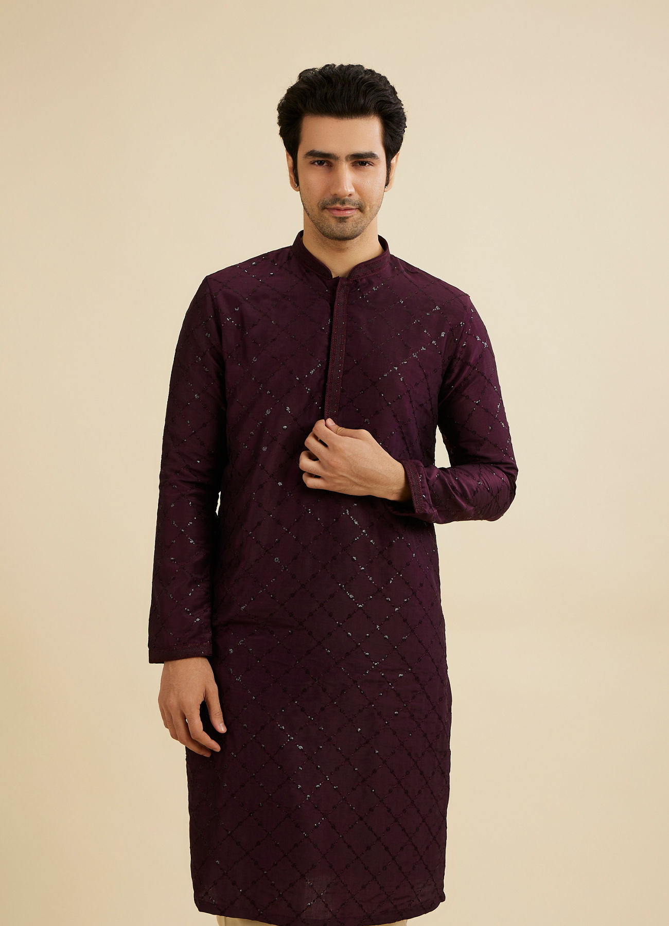 Manyavar Men Wine Red Jaal Sequinned Kurta Set