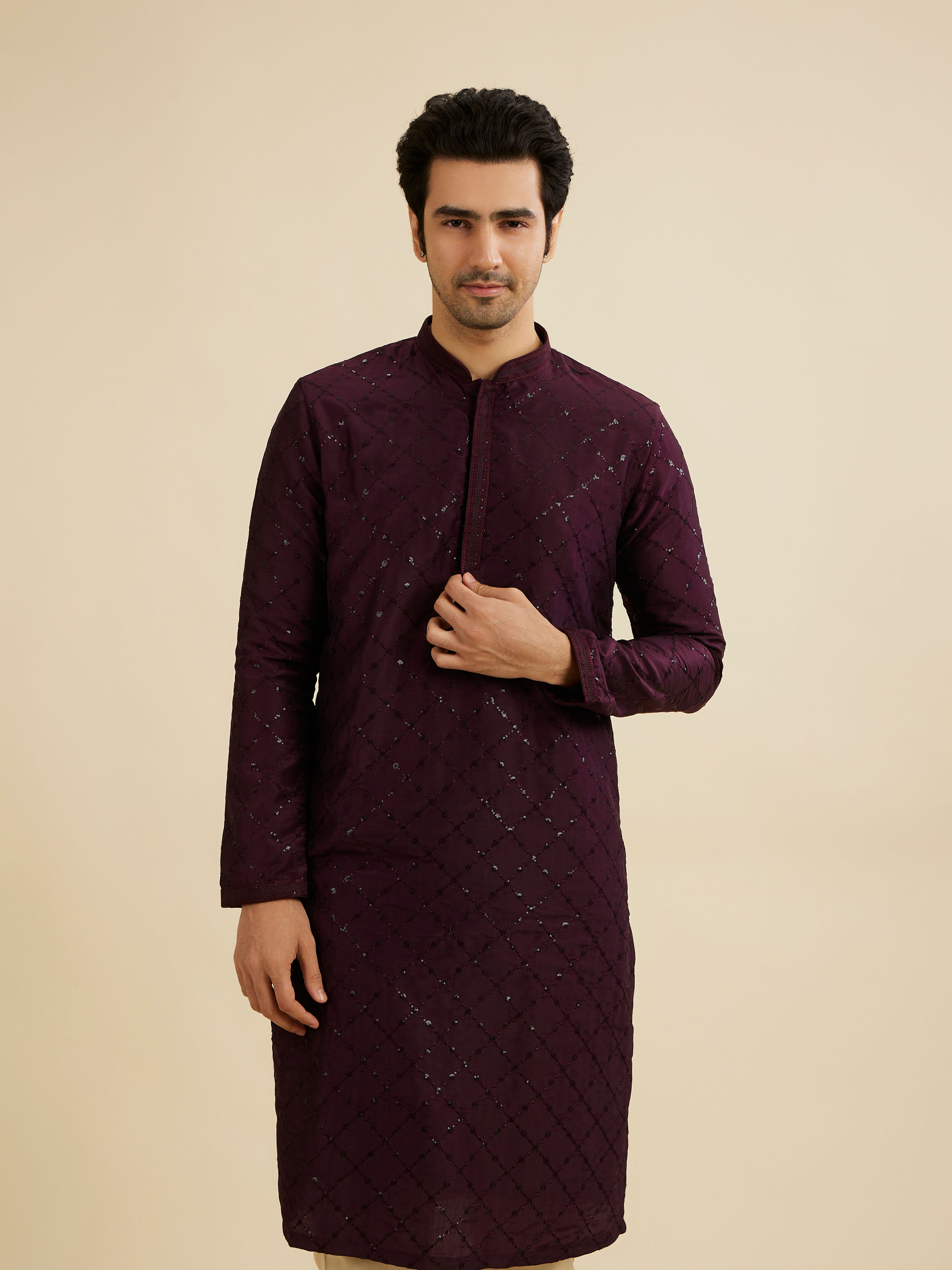 Manyavar Men Wine Red Jaal Sequinned Kurta Set