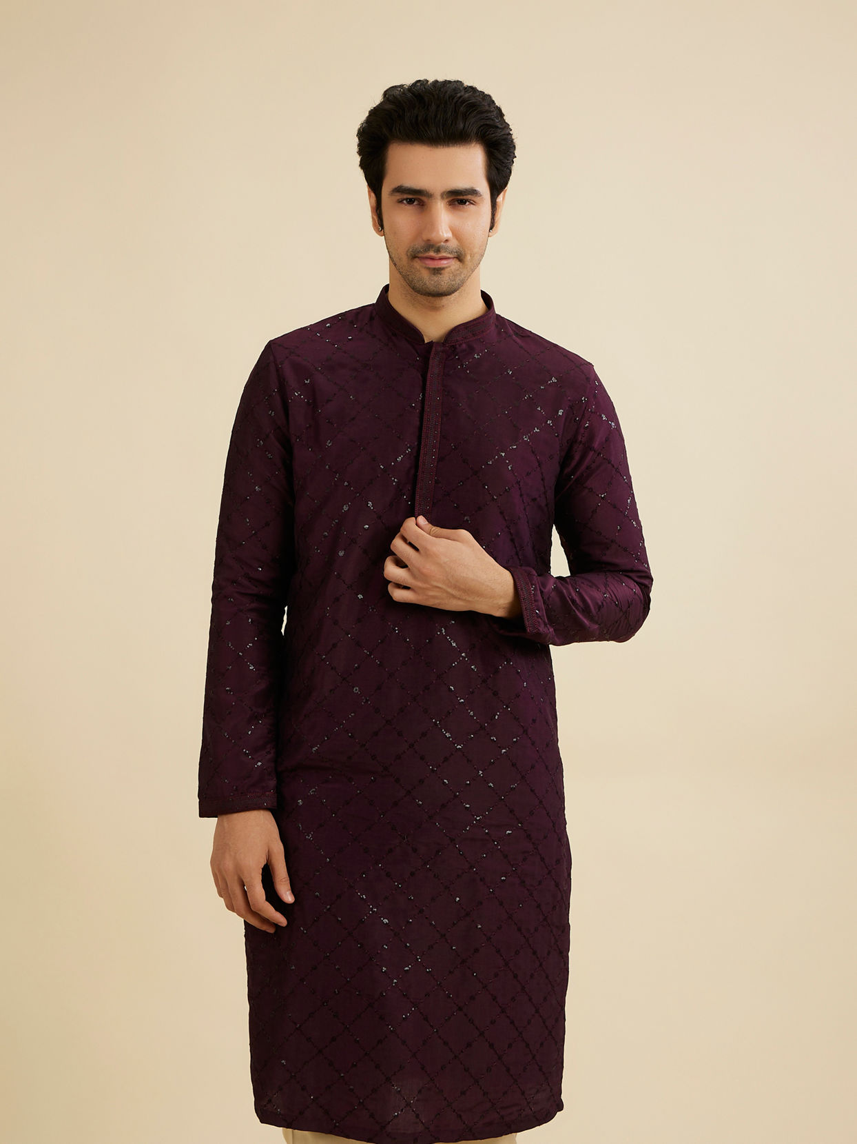 Manyavar Men Wine Red Jaal Sequinned Kurta Set