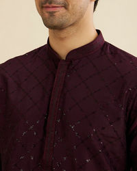 Manyavar Men Wine Red Jaal Sequinned Kurta Set
