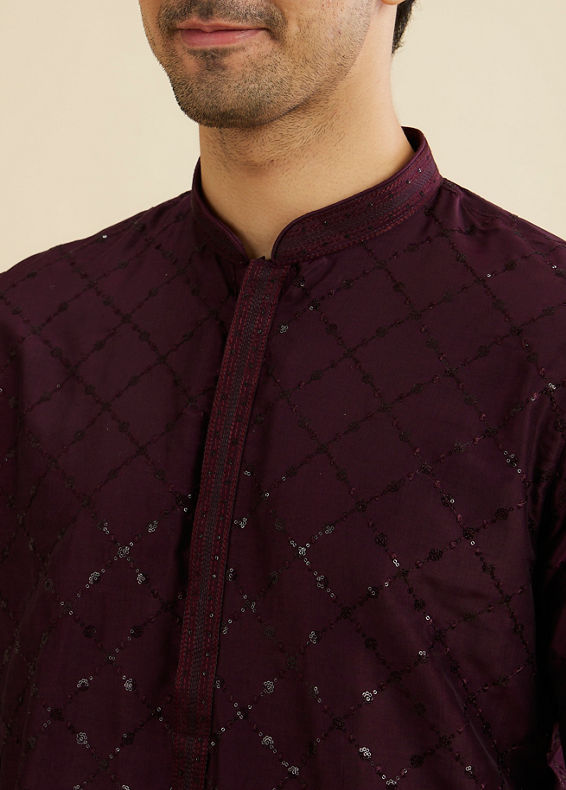 Manyavar Men Wine Red Jaal Sequinned Kurta Set