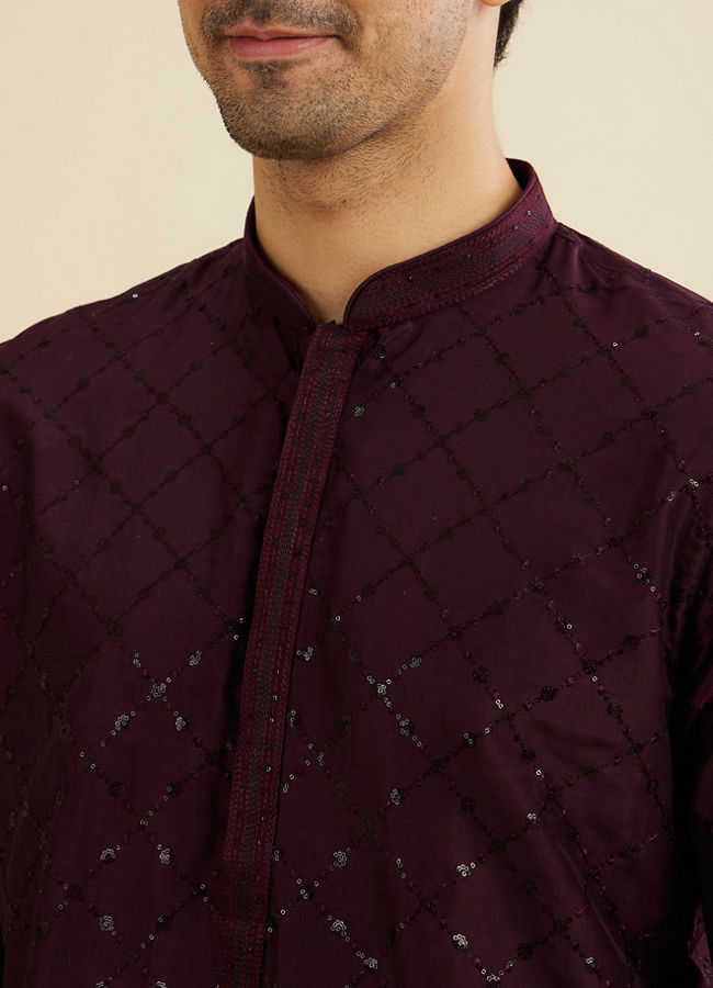 Manyavar Men Wine Red Jaal Sequinned Kurta Set