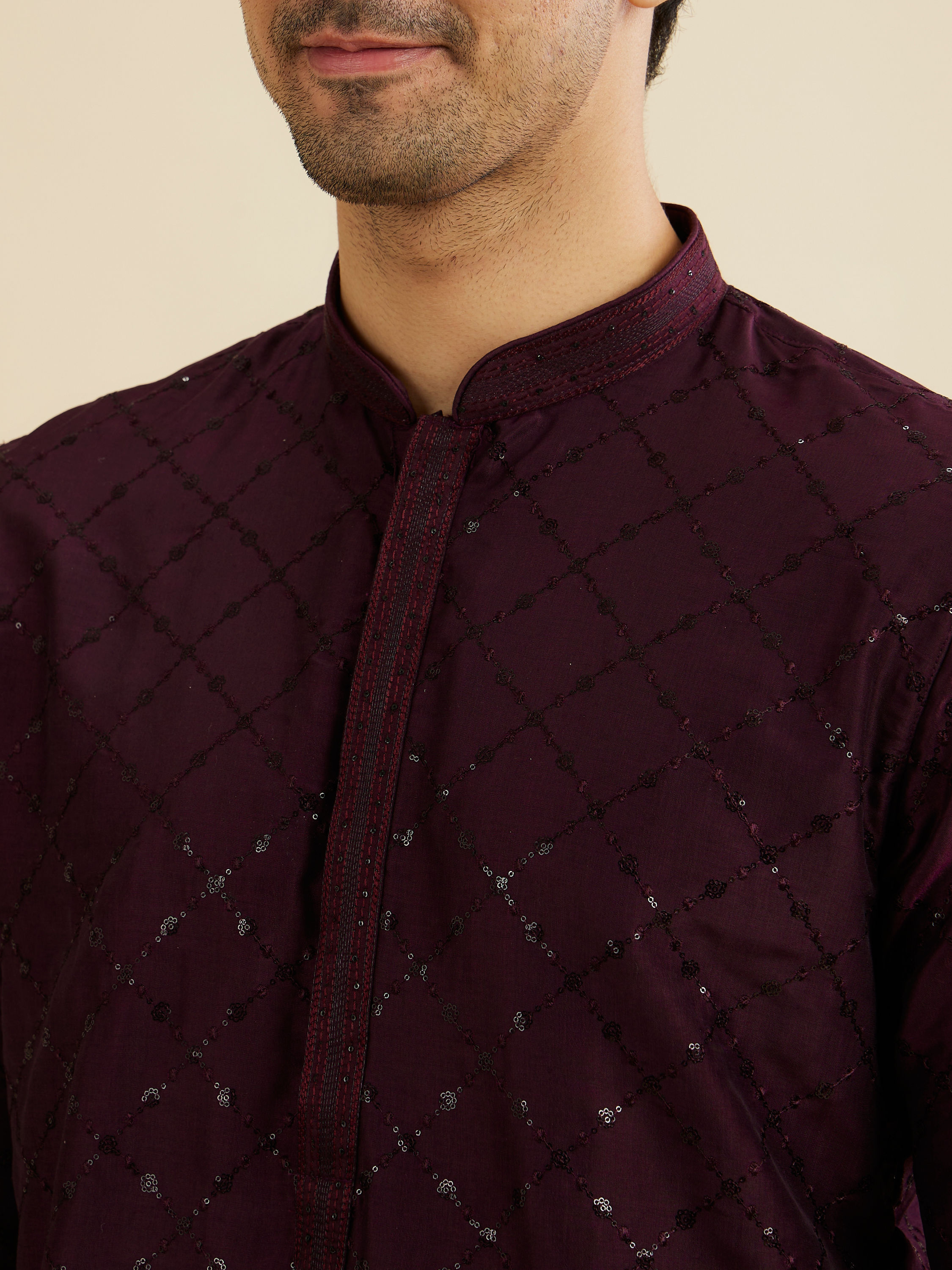 Manyavar Men Wine Red Jaal Sequinned Kurta Set