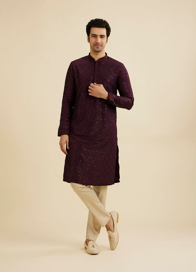 Manyavar Men Wine Red Jaal Sequinned Kurta Set