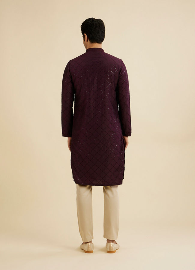 Manyavar Men Wine Red Jaal Sequinned Kurta Set