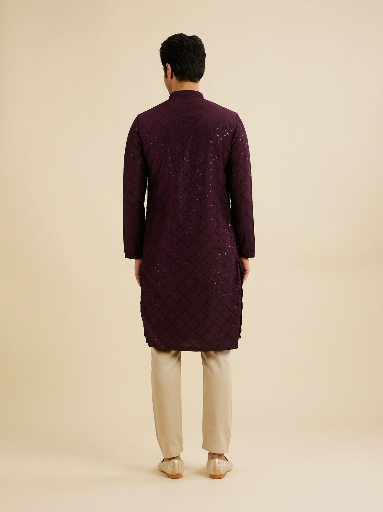 Manyavar Men Wine Red Jaal Sequinned Kurta Set