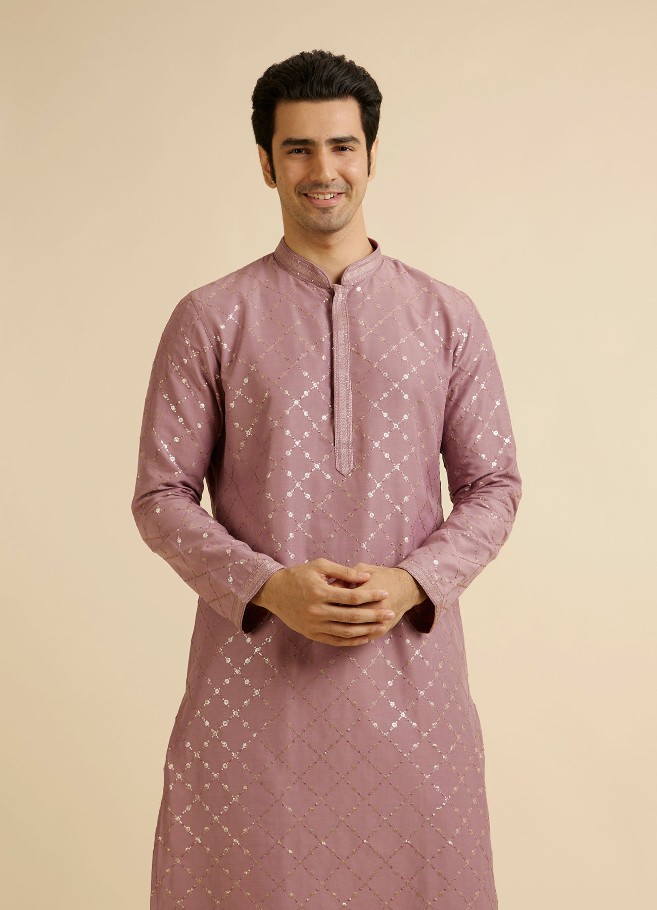 Manyavar Men Dusty Pink Jaal Sequinned Kurta Set