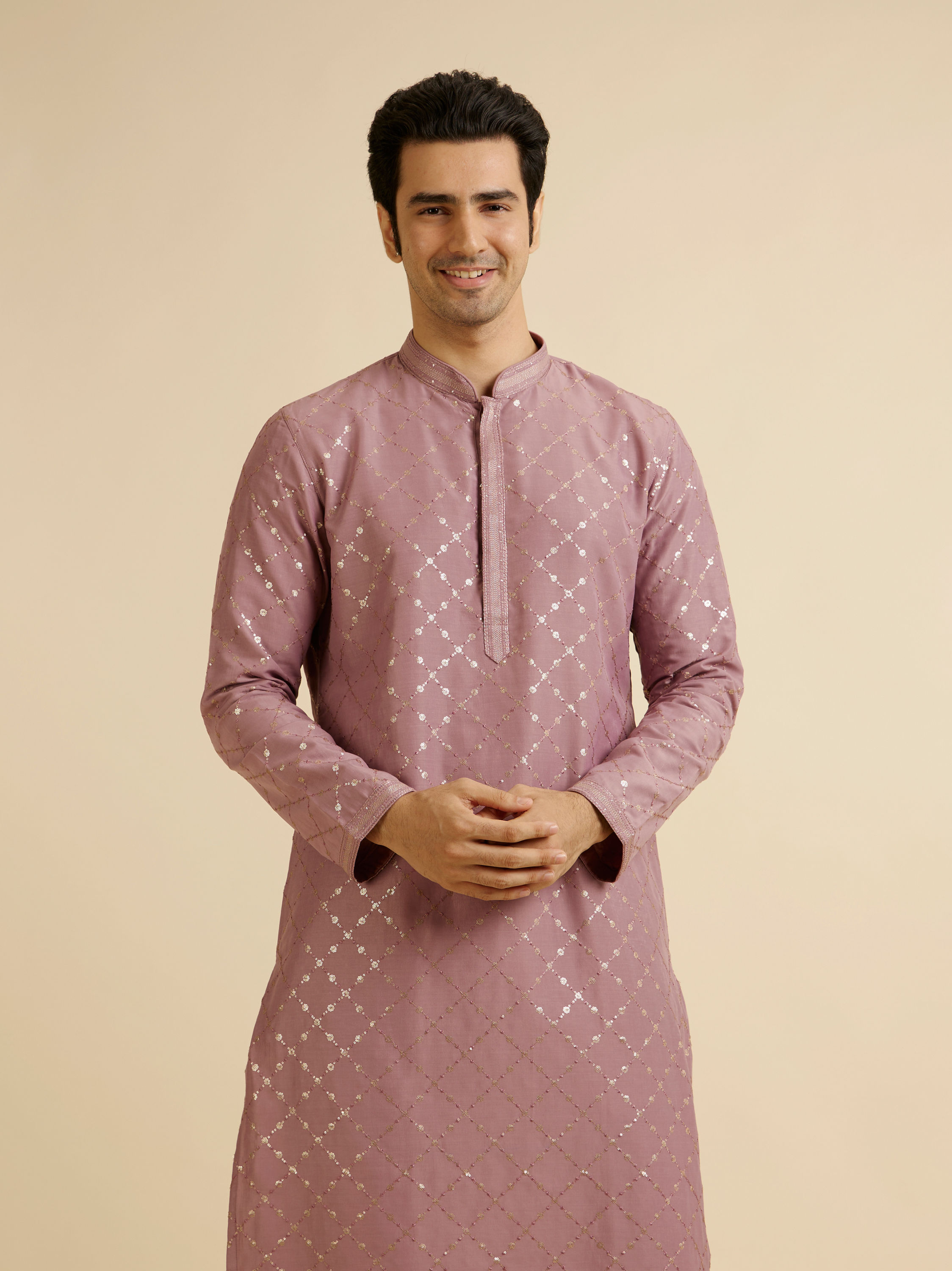 Manyavar Men Dusty Pink Jaal Sequinned Kurta Set
