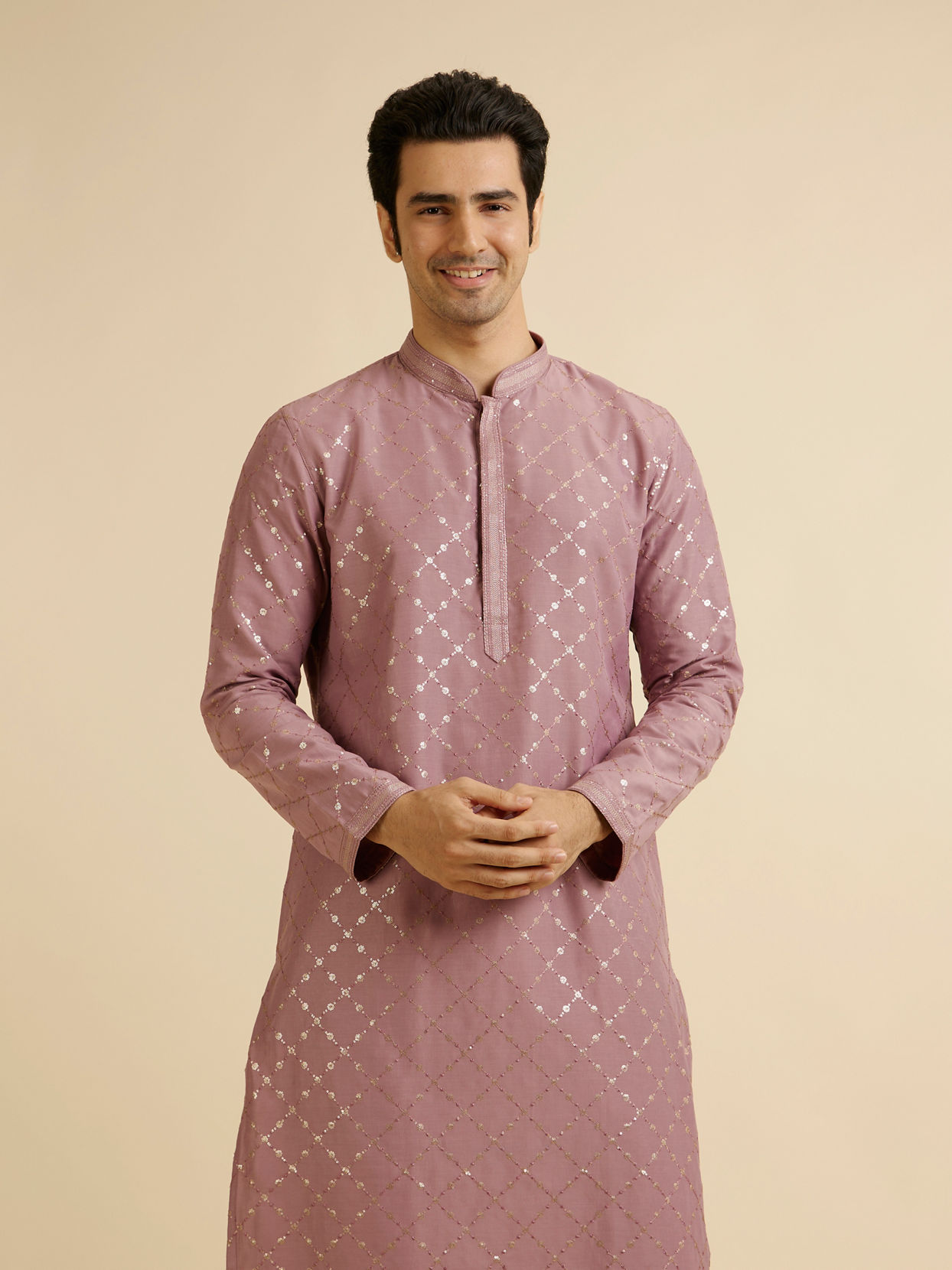 Manyavar Men Dusty Pink Jaal Sequinned Kurta Set