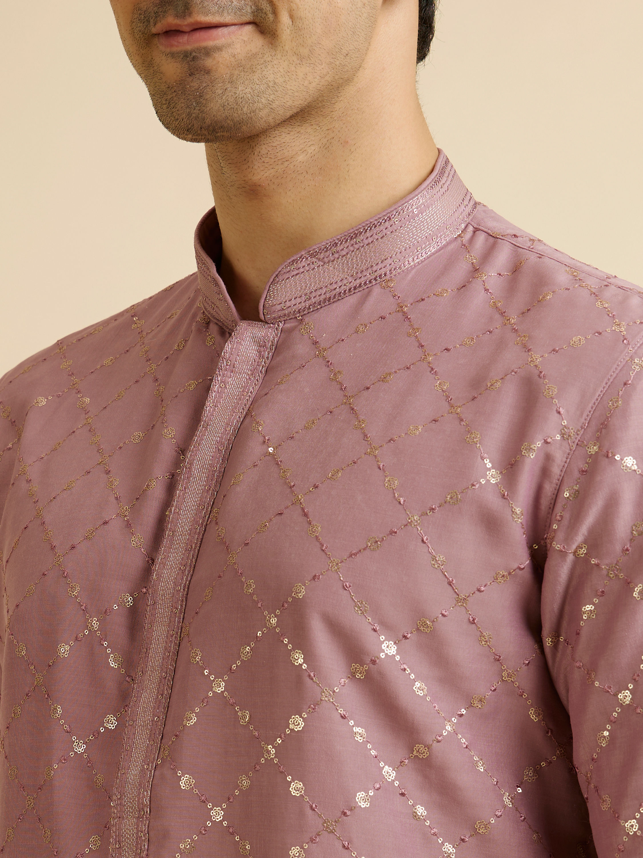 Manyavar Men Dusty Pink Jaal Sequinned Kurta Set