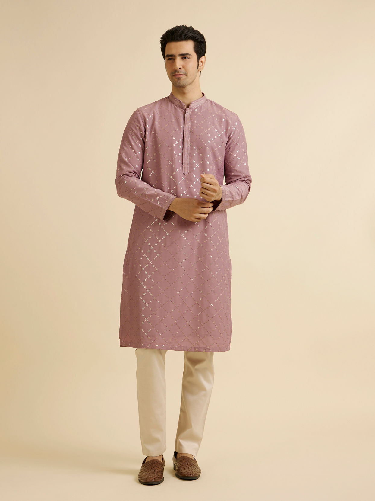 Manyavar Men Dusty Pink Jaal Sequinned Kurta Set