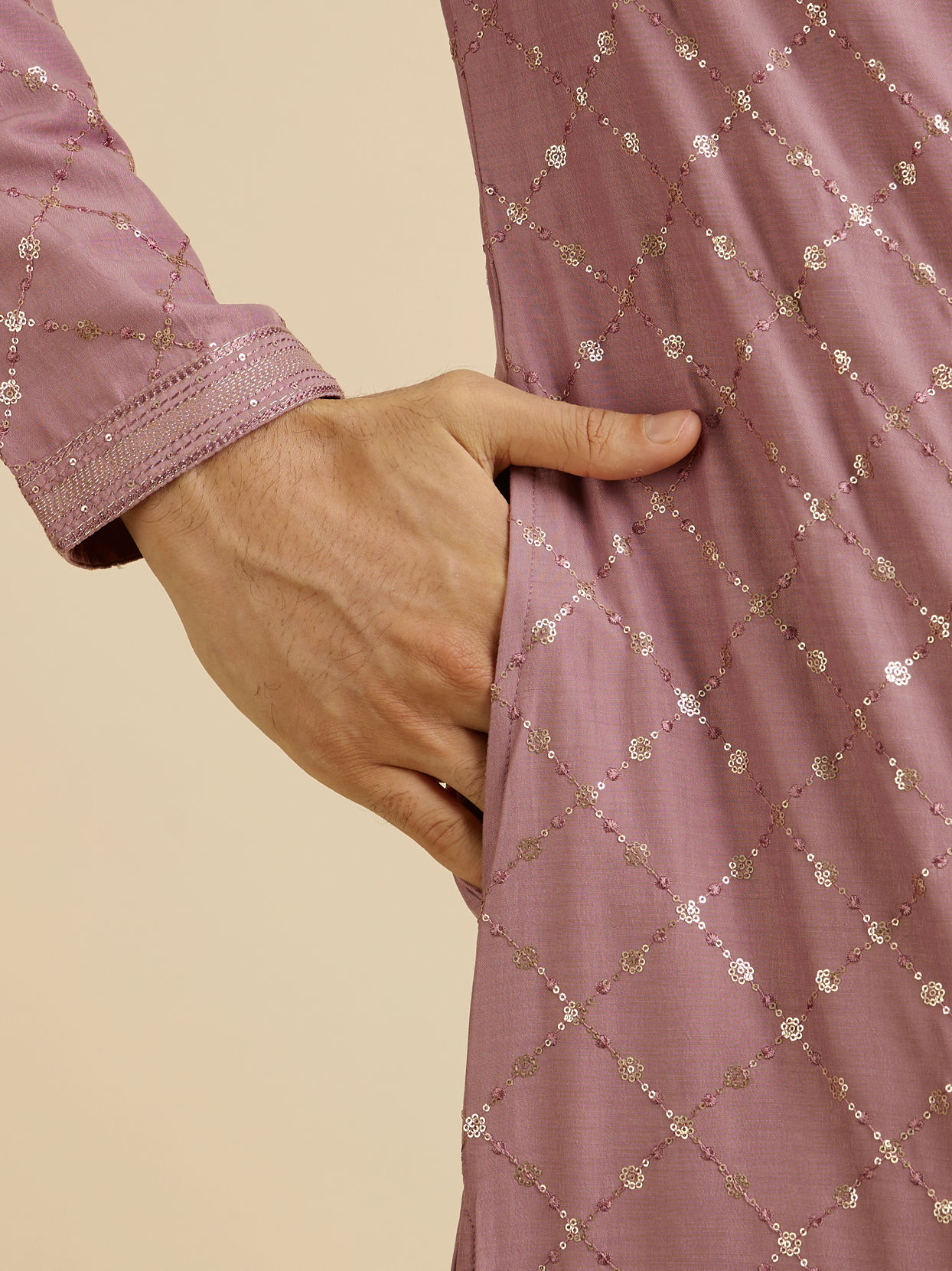 Manyavar Men Dusty Pink Jaal Sequinned Kurta Set