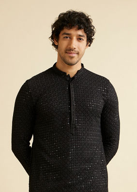 Manyavar Men Charcoal Black Chikankari Sequinned Kurta Set