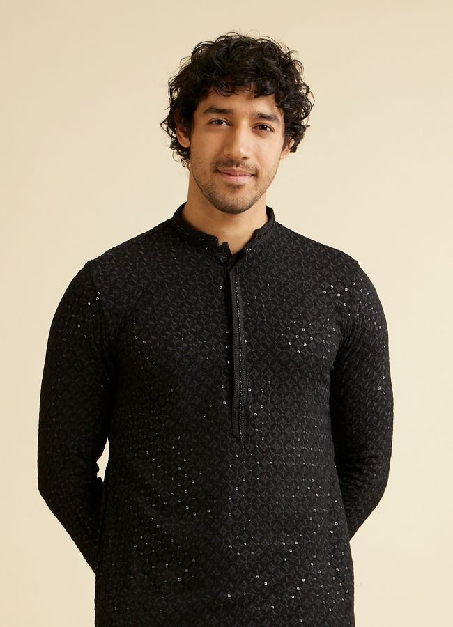 Manyavar Men Charcoal Black Chikankari Sequinned Kurta Set