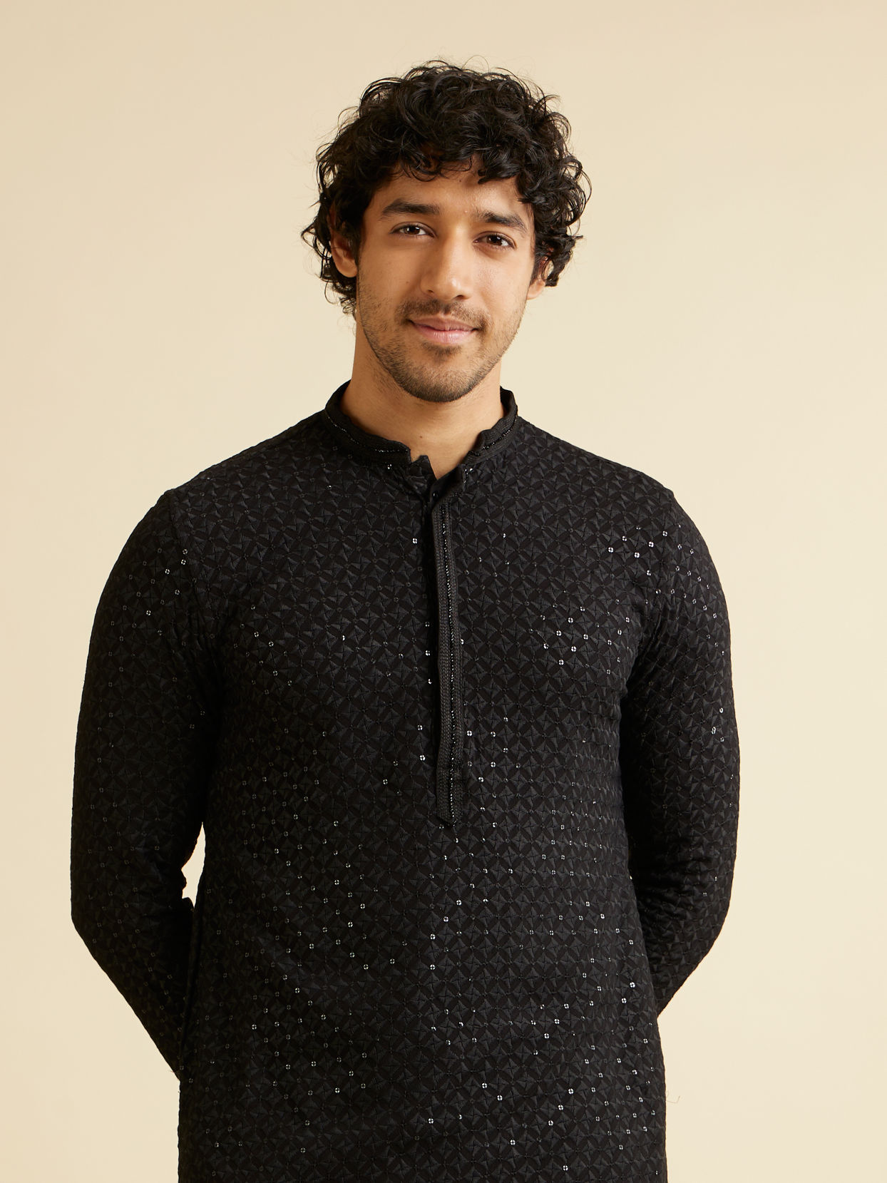 alt message - Manyavar Men Charcoal Black Chikankari Sequinned Kurta Set image number 0