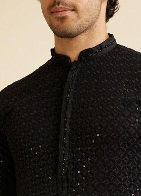 Manyavar Men Charcoal Black Chikankari Sequinned Kurta Set