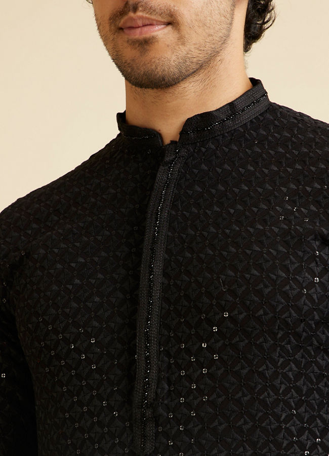 Manyavar Men Charcoal Black Chikankari Sequinned Kurta Set