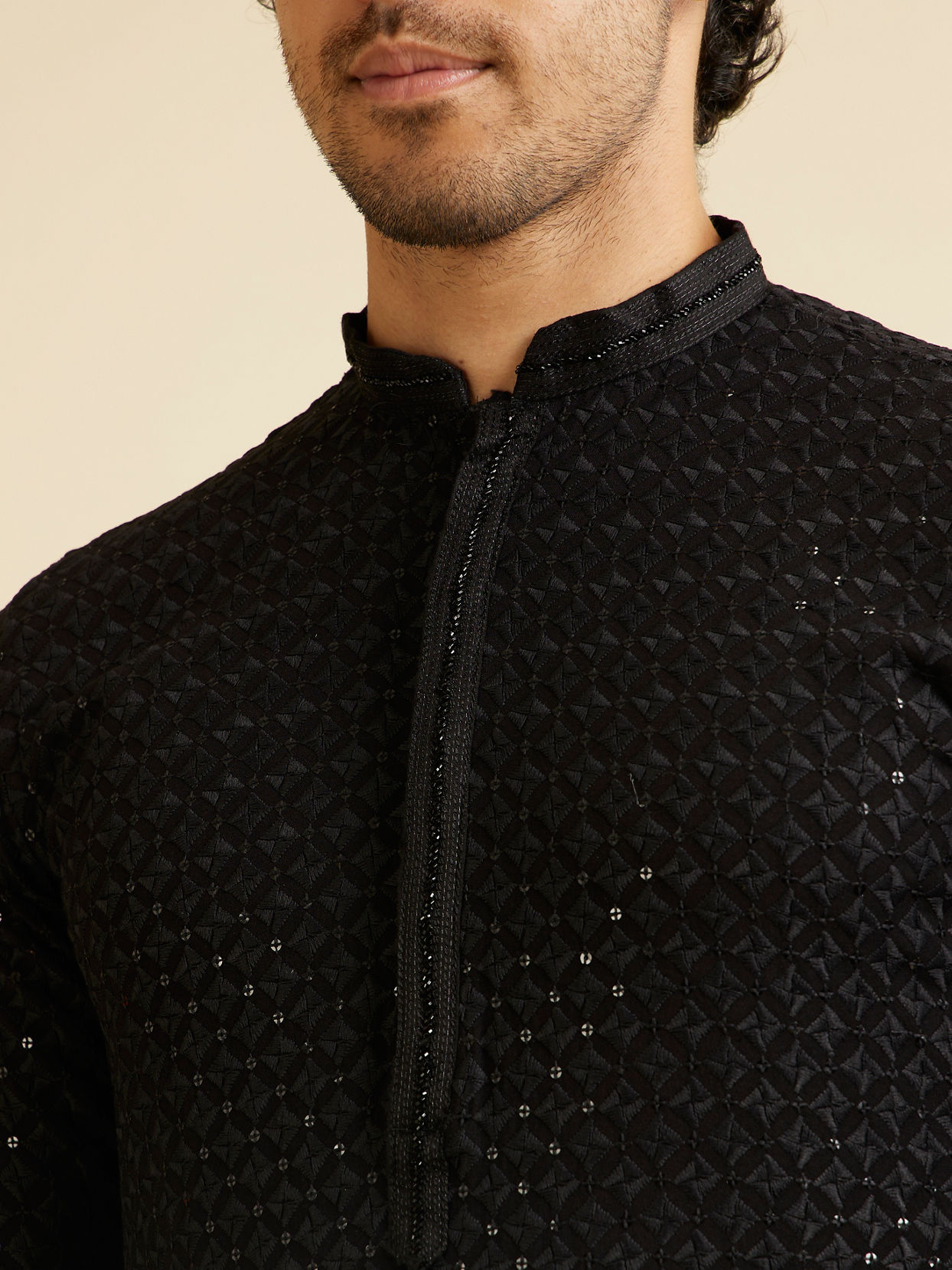 Manyavar Men Charcoal Black Chikankari Sequinned Kurta Set