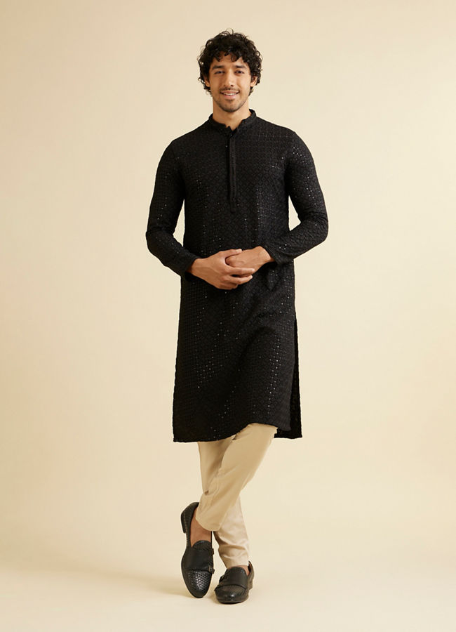 Manyavar Men Charcoal Black Chikankari Sequinned Kurta Set