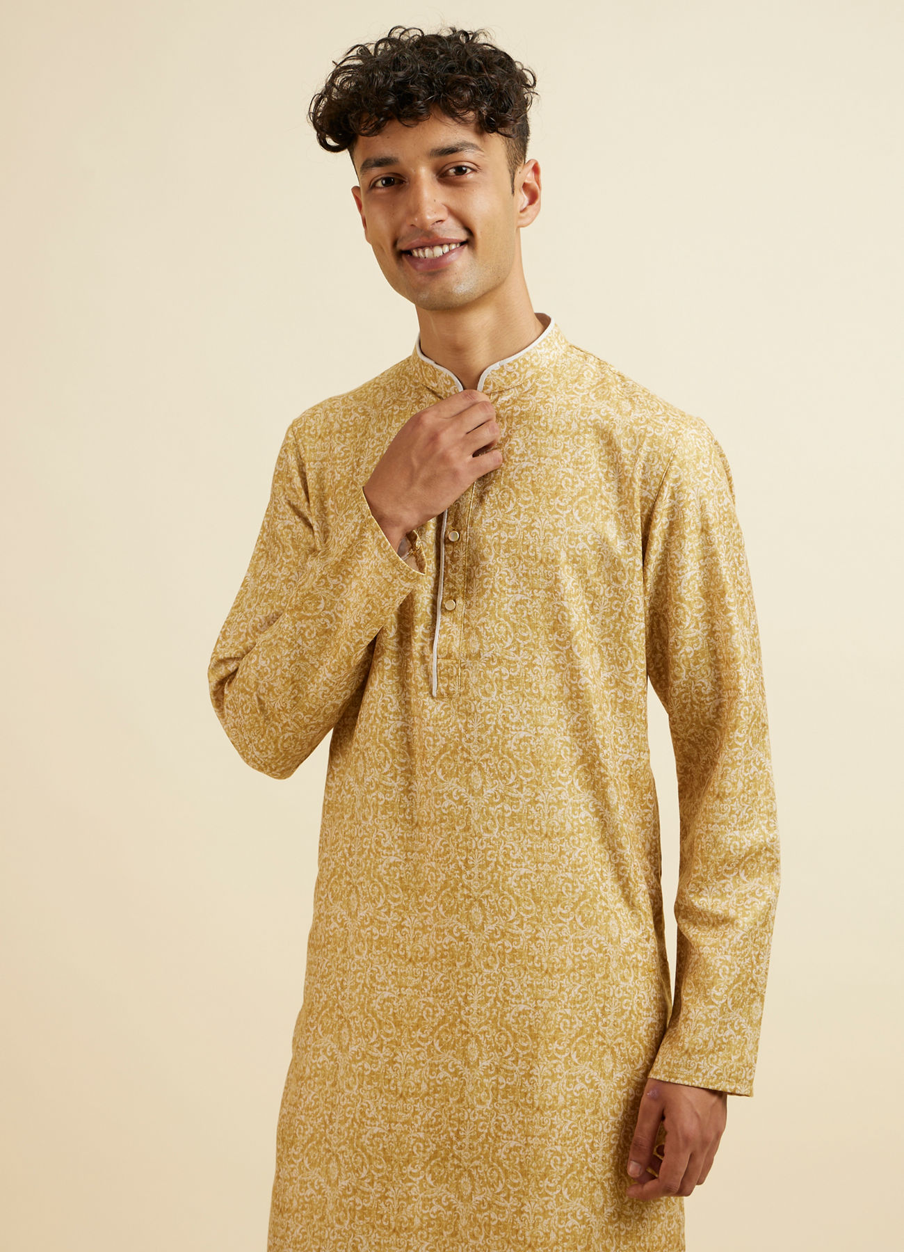 Manyavar Men Mustard Digital Print Kurta Set