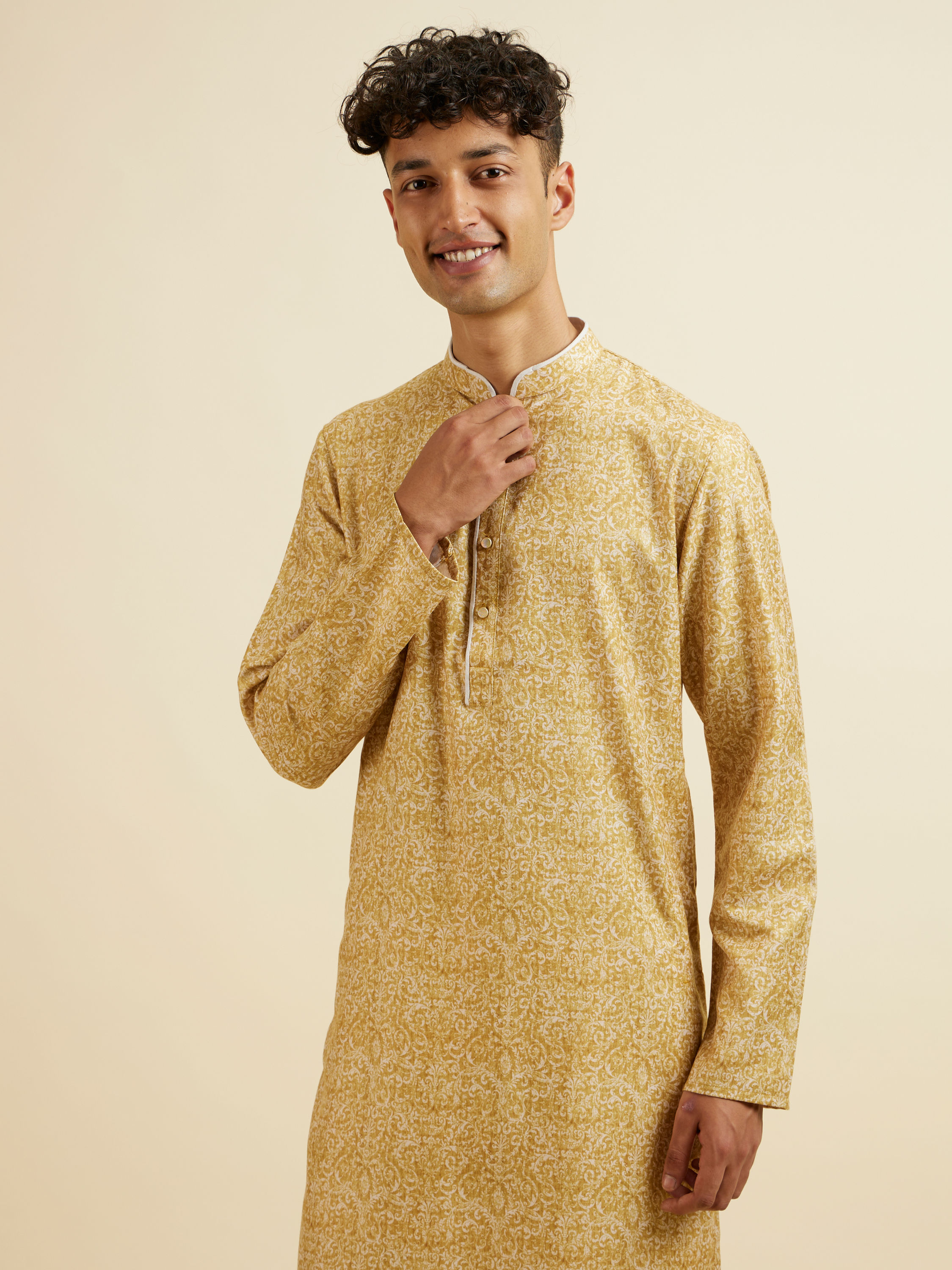 Manyavar Men Mustard Digital Print Kurta Set
