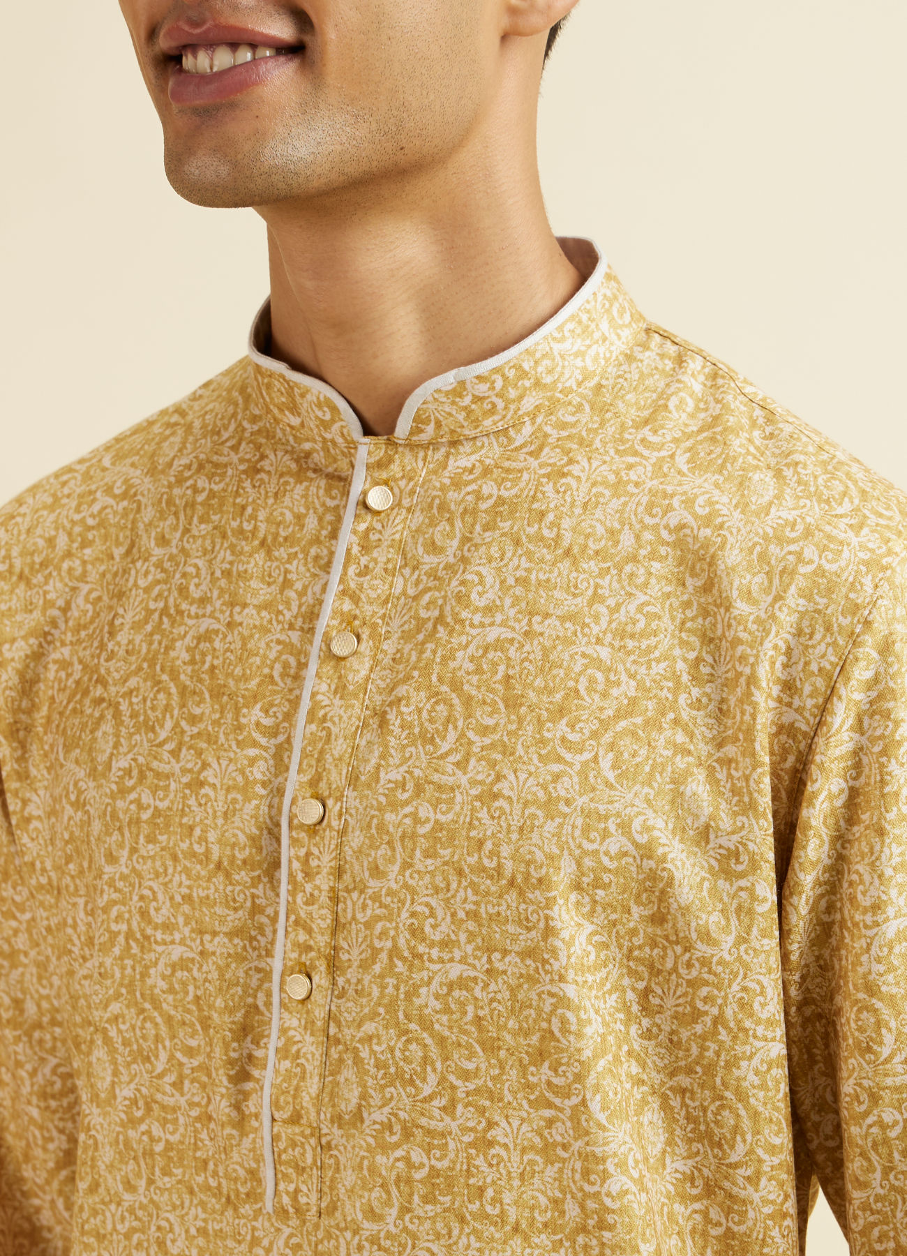 Manyavar Men Mustard Digital Print Kurta Set