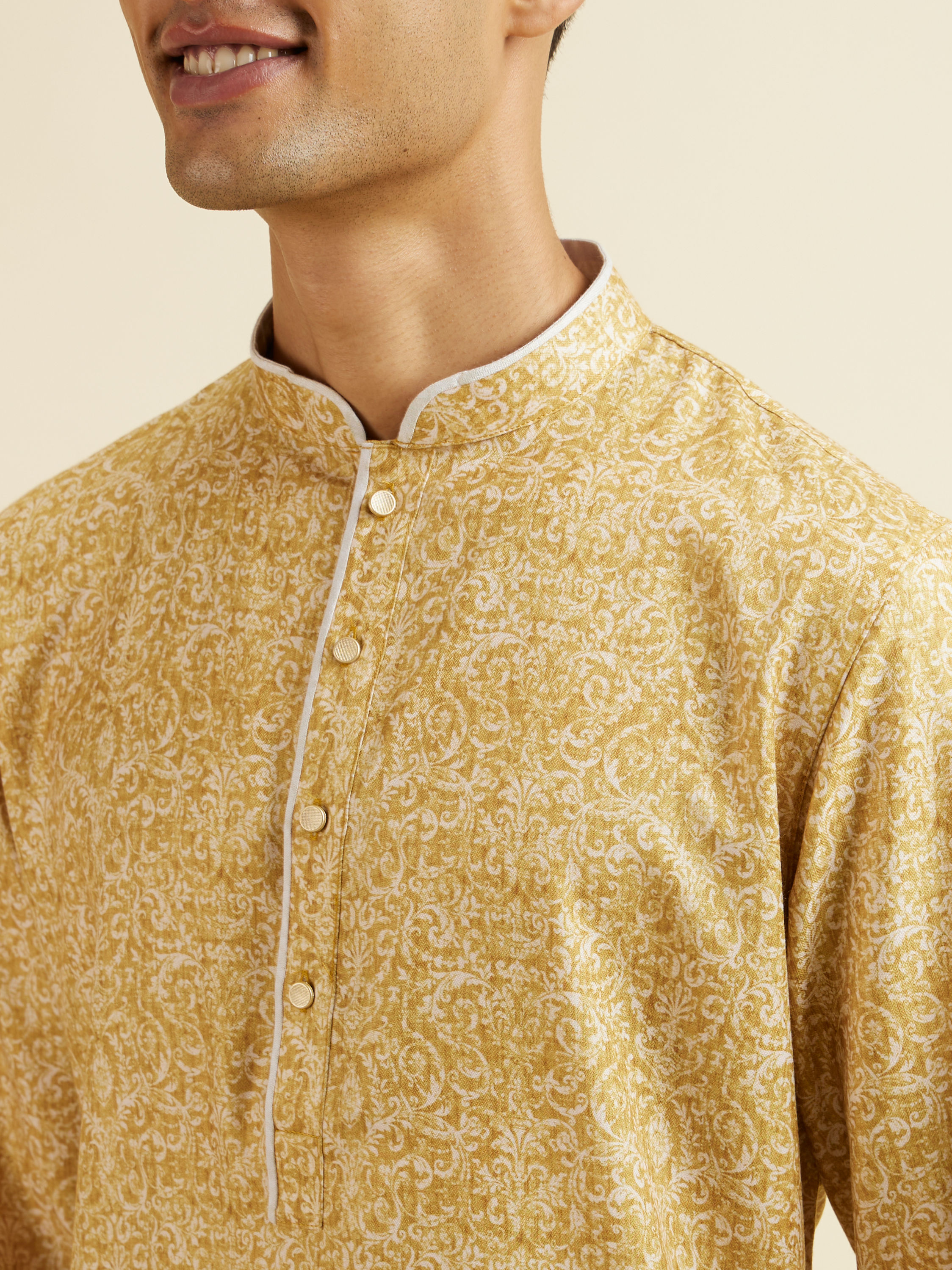 Manyavar Men Mustard Digital Print Kurta Set