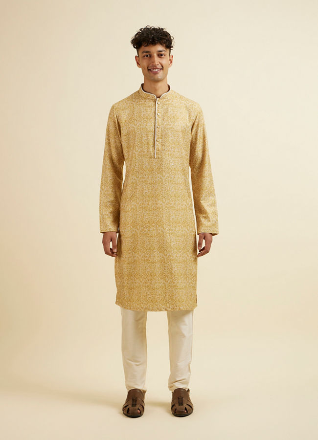Manyavar Men Mustard Digital Print Kurta Set