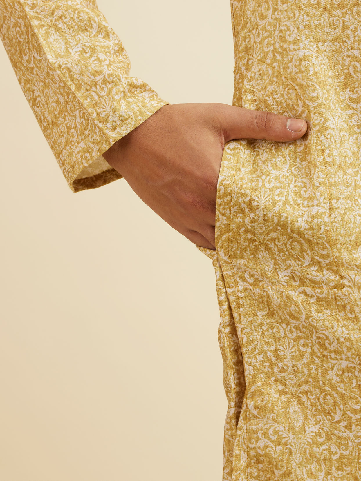 Manyavar Men Mustard Digital Print Kurta Set