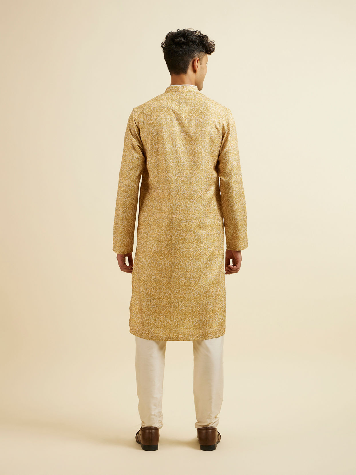 Manyavar Men Mustard Digital Print Kurta Set